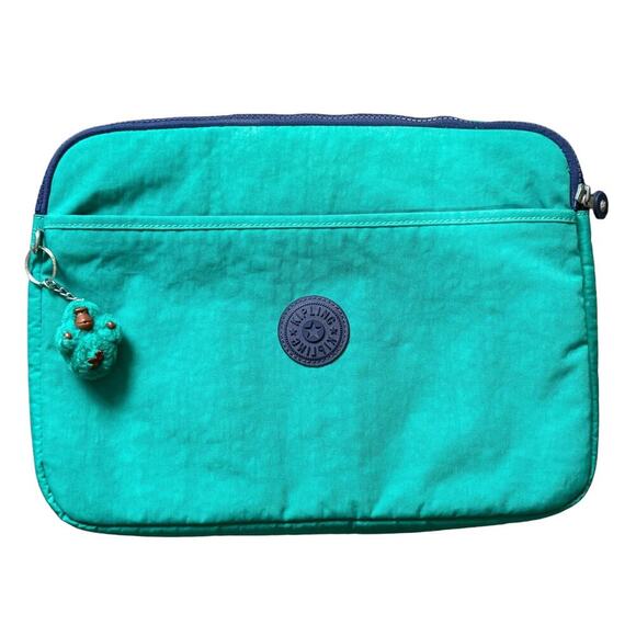 Kipling Nylon Laptop Sleeve Zipper Closure Money Keychain In Clay Teal & Purple - Picture 1 of 11